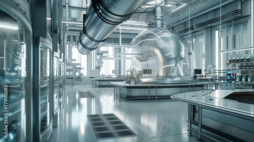 A state-of-the-art biotech manufacturing facility with specialized equipment and quality control stations, momentarily quiet but ready to manufacture biologic products