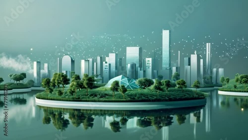 Futuristic City With Floating Island in Water photo
