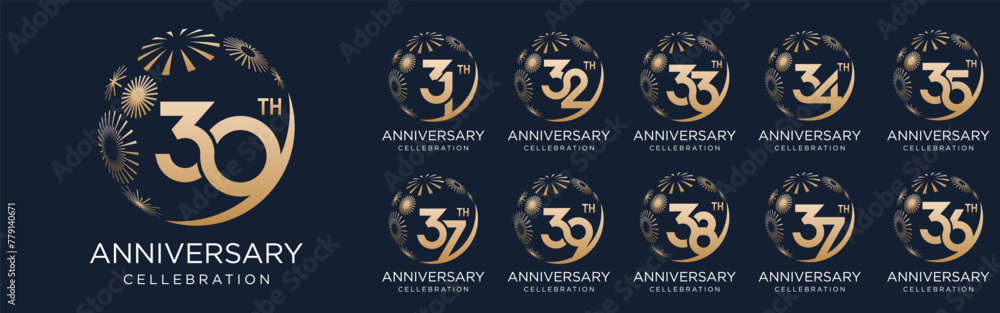 Naklejka premium set of 30 to 39th anniversary logotype design, with golden fireworks for celebration event, wedding, and birthday, vector illustration