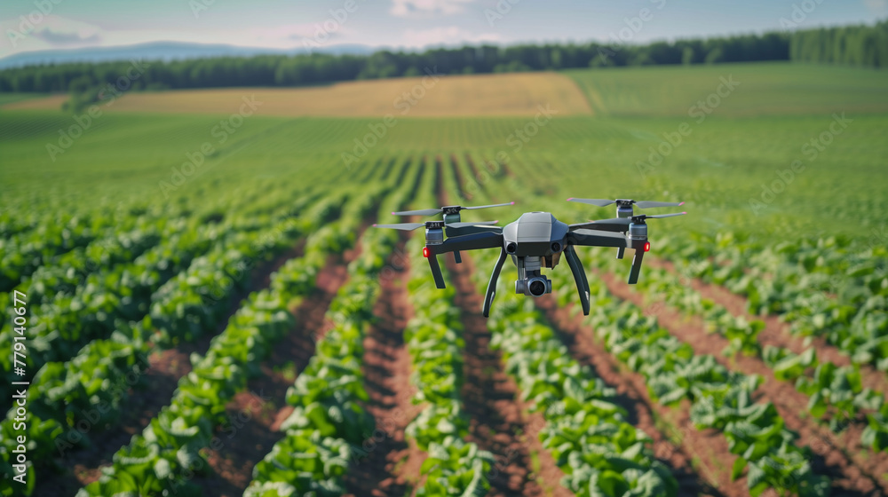 Advanced agricultural drone flying over a green healthy crop field, precision farming technology Advanced agricultural drone flying over a green healthy crop field, precision farming technology