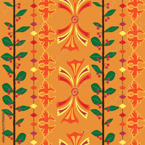 Vintage pattern with cherry twig and vintage colorful ornaments