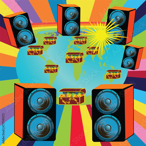 Wallpaper design for party with speakers Planet Earth treasure chest and rainbow
