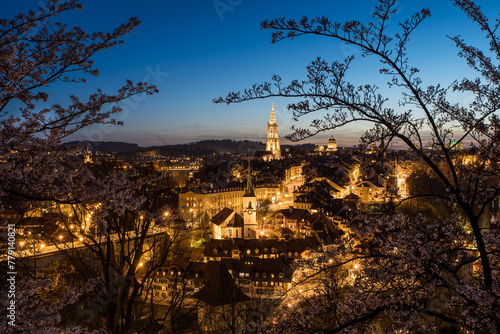 Series - City of Bern at sunset, long time exposire, view from Rosengarten with cherry blossoms in the foreground photo