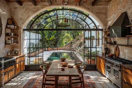 A kitchen oasis featuring a table set for a meal, an oven preheating, a sink ready for cleanup, and a pool shimmering in the background photo