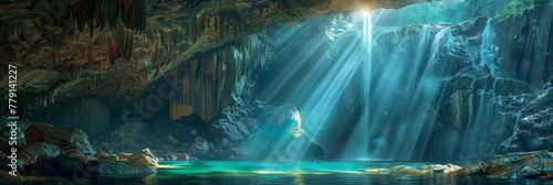 Spectacular cinematic view of enormous cave with waterfall under dramatic lighting