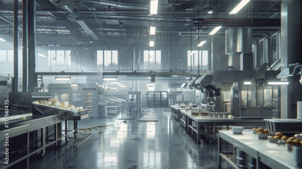 A modern food packaging facility with automated lines and quality control stations, momentarily still but ready to package food products with precision
