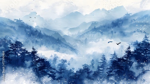 Ethereal Tranquility: Serene Sky and Mountain Oriental Landscape