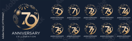 set of 70 to 79th anniversary logotype design, with golden fireworks for celebration event, wedding, and birthday, vector illustration