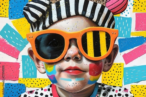 Collage with young child with a playful expression wears sunglasses and a striped hat, enjoying the sunny day