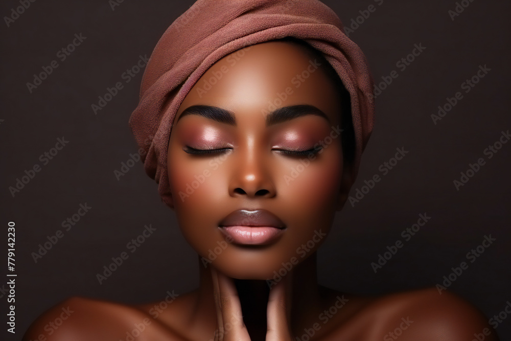 Serene and Elegant Beauty Portrait of a Confident Woman with Radiant Skin and Headwrap, Eyes Closed in Peaceful Expression Serene and Elegant Beauty Portrait of a Confident Woman with Radiant Skin and Headwrap, Eyes Closed in Peaceful Expression