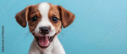 Joyful Puppy Portrait on Blue, Minimalist Charm. Concept Pet Photography, Animal Portraits, Themes and Props © Ян Заболотний
