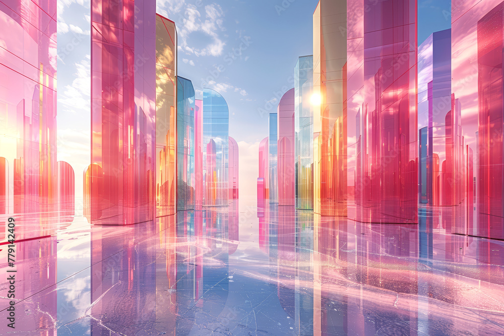 Sunlit futuristic city with glass buildings and glossy floor, suitable for modern urban designs.