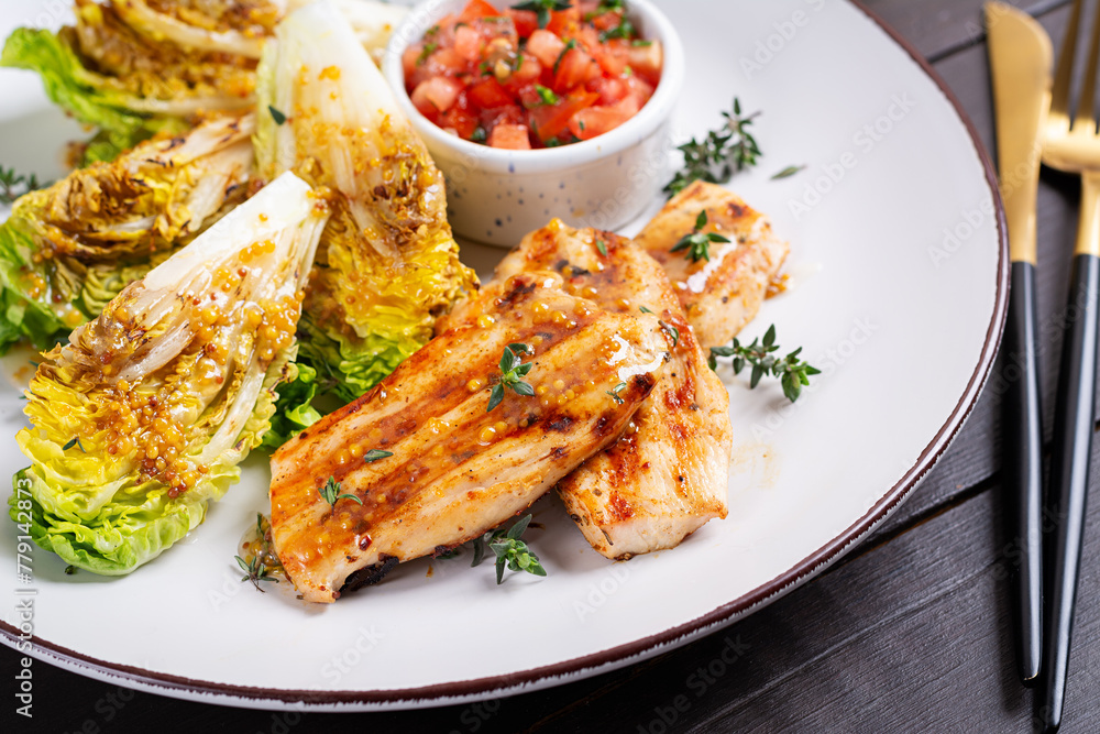 Keto lunch or dinner. Grilled chicken fillet with mini romen and tomatoes salsa. Keto lunch or dinner. Grilled chicken fillet with mini romen and tomatoes salsa.