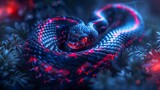   A blue-and-red snake with vivid red eyes on its head against a dark backdrop, adorned with snowflakes drifting by