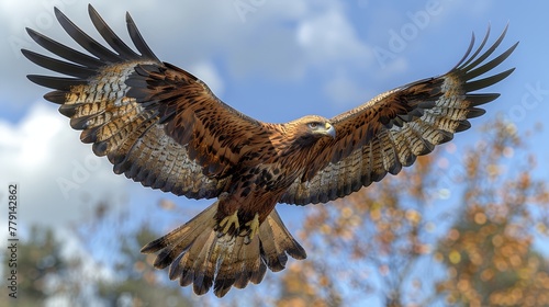   A tight shot of a raptor soaring in the sky, surrounded by trees and scattered clouds