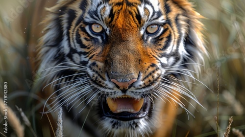  A close-up of a tiger's face with its mouth agape