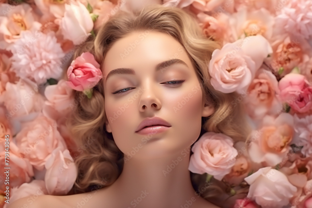 Serene Beauty in Pink Blossoms: Elegant Floral Portrait with Natural Makeup and Peaceful Expression Serene Beauty in Pink Blossoms: Elegant Floral Portrait with Natural Makeup and Peaceful Expression