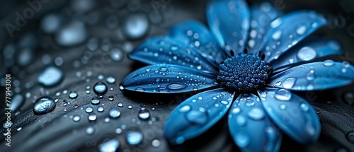  A blue flower atop a black surface, adorned with water droplets on its petals, each petal veiled in dewdrops