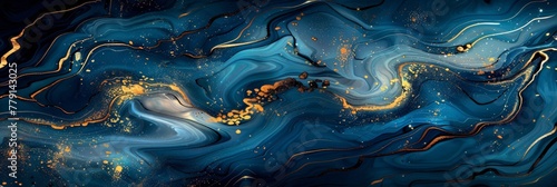 A mesmerizing abstract painting featuring rich gold and deep blue tones, creating a sense of peacefulness and wonder photo
