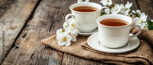   Two cups of tea sit on a bouquet of blooming flowers