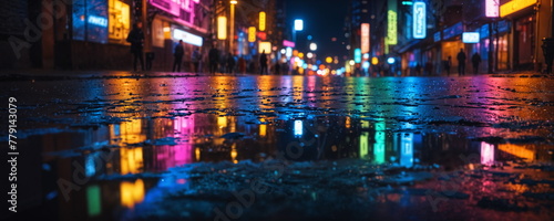A person walks down a vibrant city street at night  with neon signs reflecting on the rain-soaked pavement  creating a colorful atmosphere.