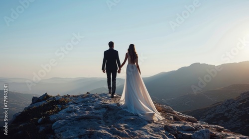 Bride and groom at a mountain overlook, concept of eloping and destination weddings photo