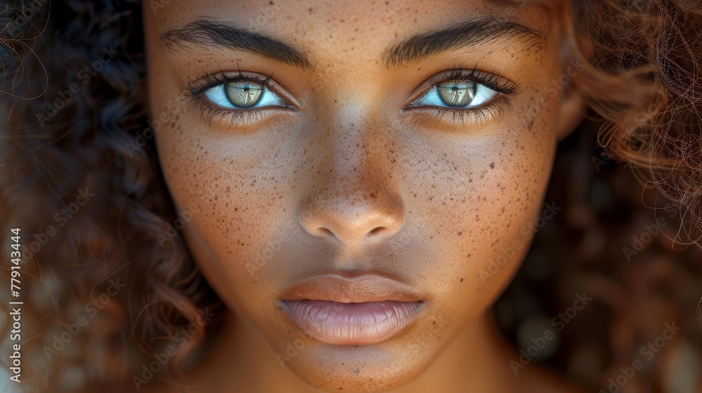 A tight shot of a young woman's face, adorned with freckles around her eyes and cheeks A tight shot of a young woman's face, adorned with freckles around her eyes and cheeks