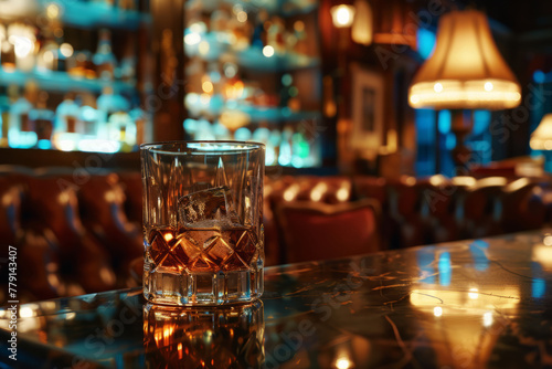 Glass of whiskey with ice cubes on a bar counter with dark moody atmosphere. Generative AI