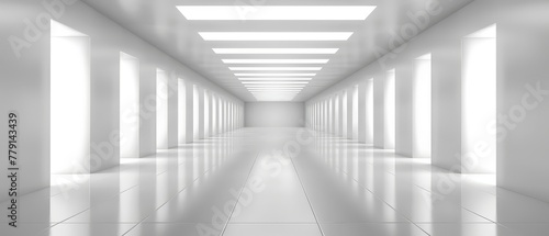  A long corridor with white walls and a ceiling light at its terminus