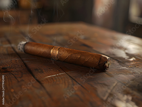 A cigar resting on a realistic brown wooden table - Ai Generated