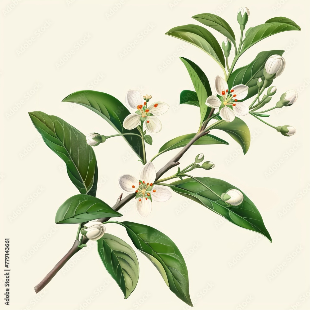 Obraz premium green twigs with leaves and flowers.