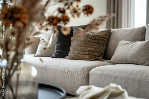 Interior of light living room with sofa and pillows in natural colors. Generative AI