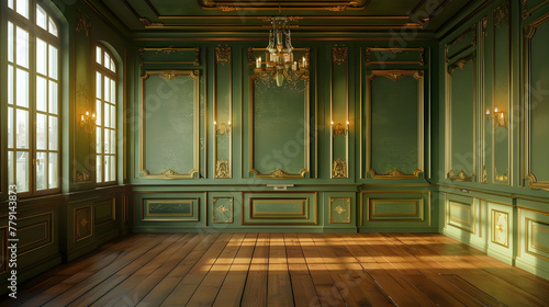A classic room with green walls and wooden floor - Ai Generated