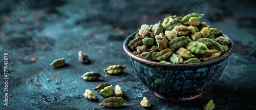  A blue table holds a bowl filled with pistachios Nearby, an extra pile of pistachios rests Both the bowl and pile are blue
