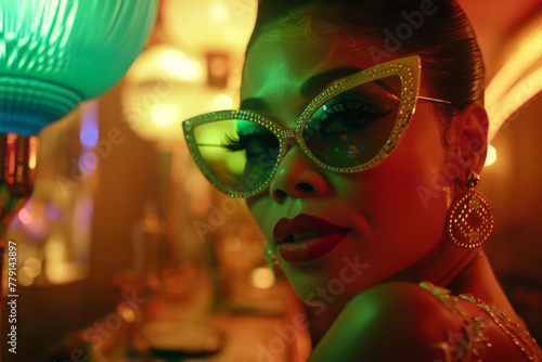 A stylish woman with dark hair wearing a pair of trendy green sunglasses inside a dimly lit bar, exuding confidence and attitude photo