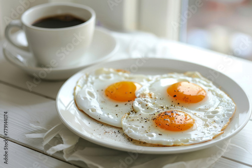 Plate of fried eggs and a cup of coffee. Generative AI