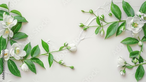 green twigs with leaves and flowers.