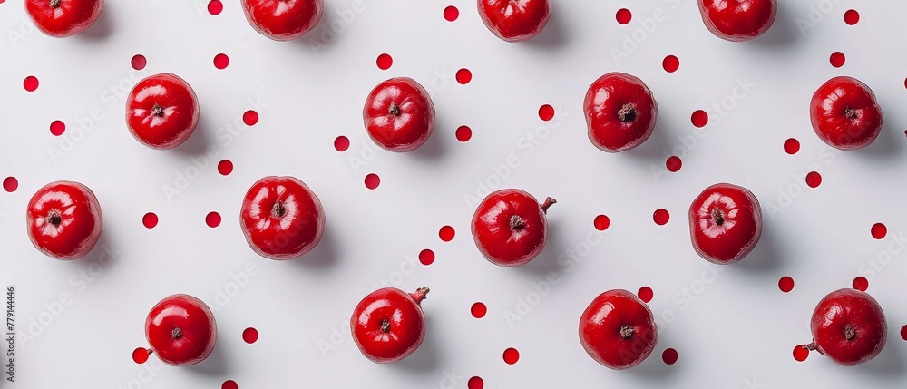 A collection of red apples aligned on a pristine white tabletop, each bearing distinct red spots at their bases A collection of red apples aligned on a pristine white tabletop, each bearing distinct red spots at their bases