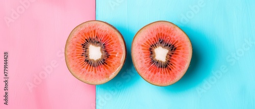   A kiwi fruit split in half against a blue-pink backdrop, surrounded by matching pink-blue hues