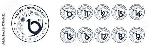 set of 10 to 19th anniversary logotype design, with black color fireworks for celebration event, wedding, and birthday, vector illustration