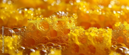  A tight shot of numerous bubbles in a vibrant yellow and orange palette, adorned with water droplets at their bases