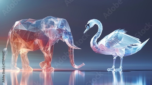 Surreal Elegance: An Elephant Meets a Swan in a Neon Dreamscape.