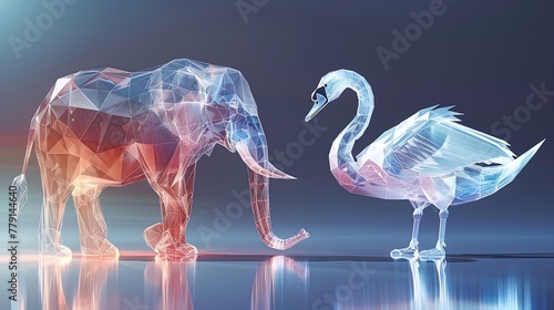 Fototapeta Naklejka Na Ścianę i Meble -  Surreal Elegance: An Elephant Meets a Swan in a Neon Dreamscape.
