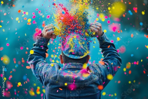 A person stands in front of a bright blue background, covered in a variety of vibrant colored powders, creating a visually striking and colorful scene