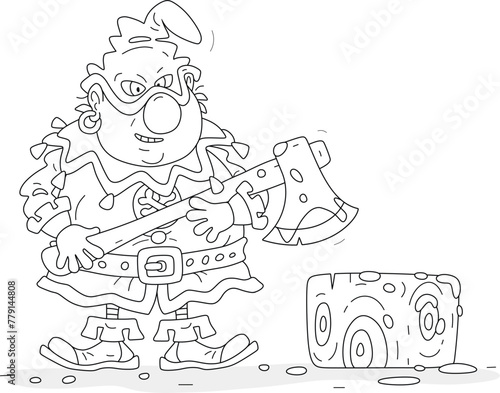 Angry executioner with a wicked grin and a bloody ax near an execution block with a big stump prepared for execution of condemned, black and white vector cartoon illustration for a coloring book