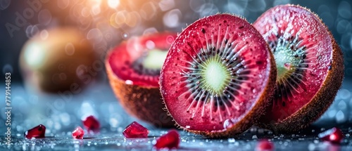   A kiwi fruit halved on a table, nearby, a bitten fruit piece © Jevjenijs