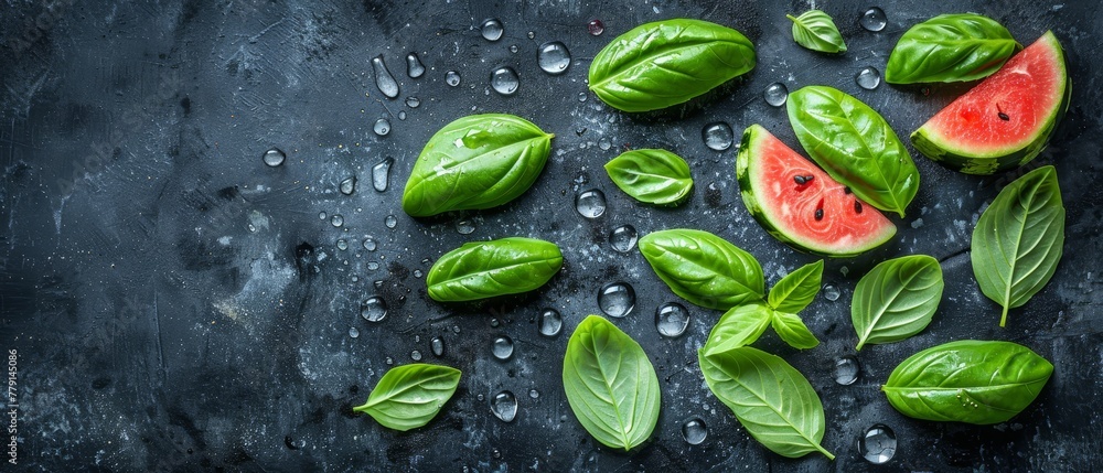 A black surface holds a cluster of watermelon slices, leaves, and individual water droplets A black surface holds a cluster of watermelon slices, leaves, and individual water droplets