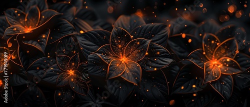  A tight shot of a bouquet of flowers against a black backdrop, illuminated by an orange light source at their core