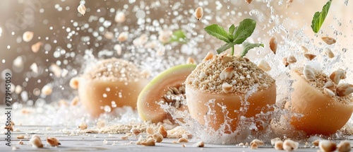   A collection of fruits adorned with sprinkles, accompanied by emergent leaves, against a pristine white background with a suggestive droplet of water photo