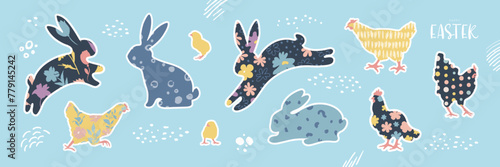Happy Easter. Set of stickers, vector illustrations chickens, bunnies, hand-drawn doodles, dots, lines.